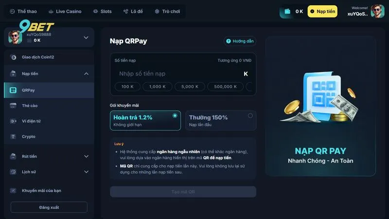 9BET | Nhà Cái Cá Cược Thể Thao, Casino #1 Châu Á 11 Giao diện nạp tiền dễ thao tác tại nhà cái